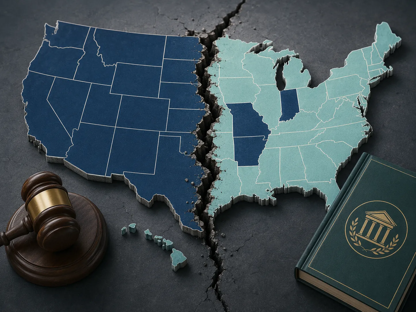 Divided United States map with a fault line, gavel, and Title IX law book showing a split compliance environment