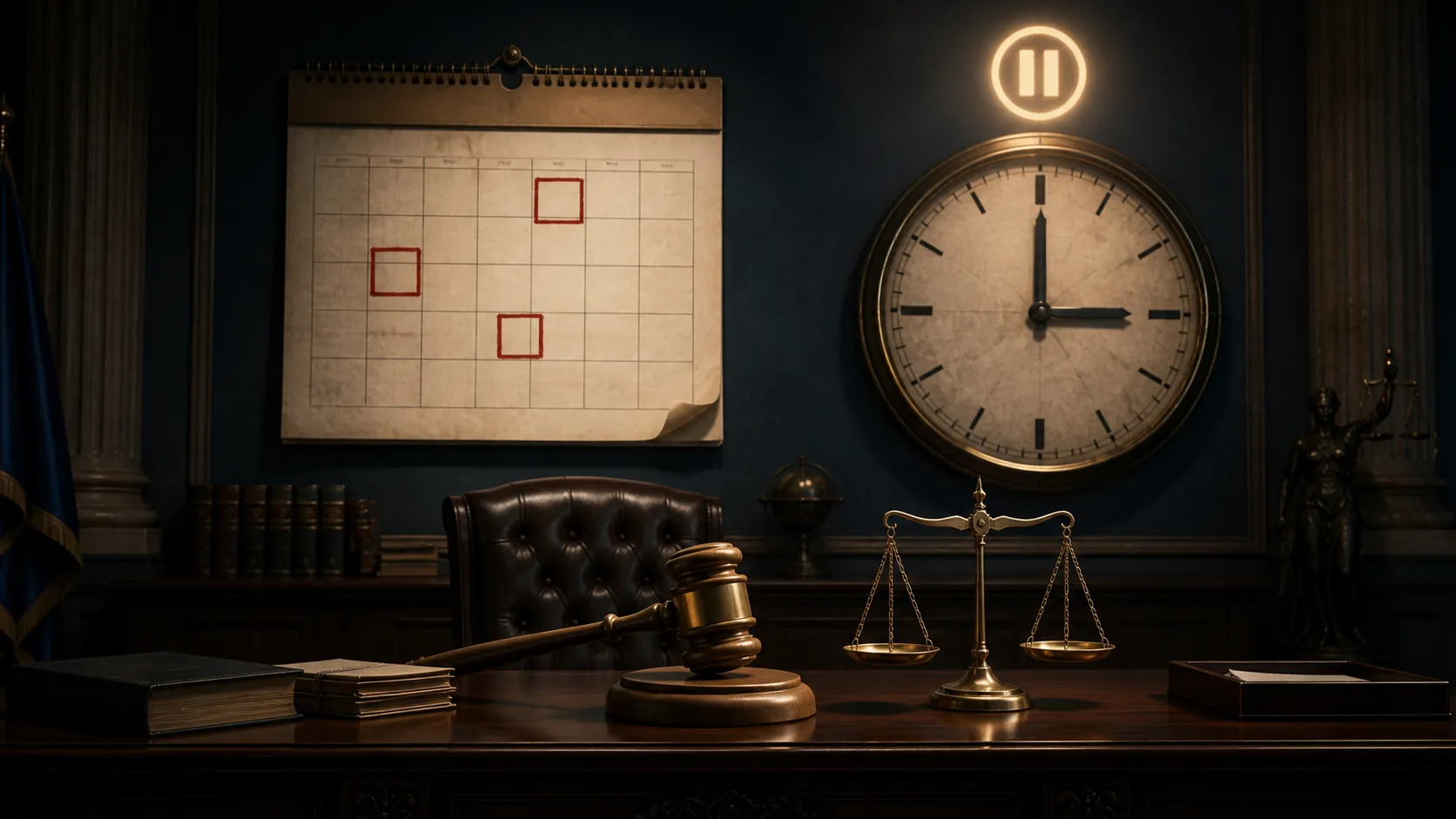 Dark wood desk with a brass gavel, scale of justice, marked calendar, and frozen clock suggesting the difference between political dates and a paused legal deadline