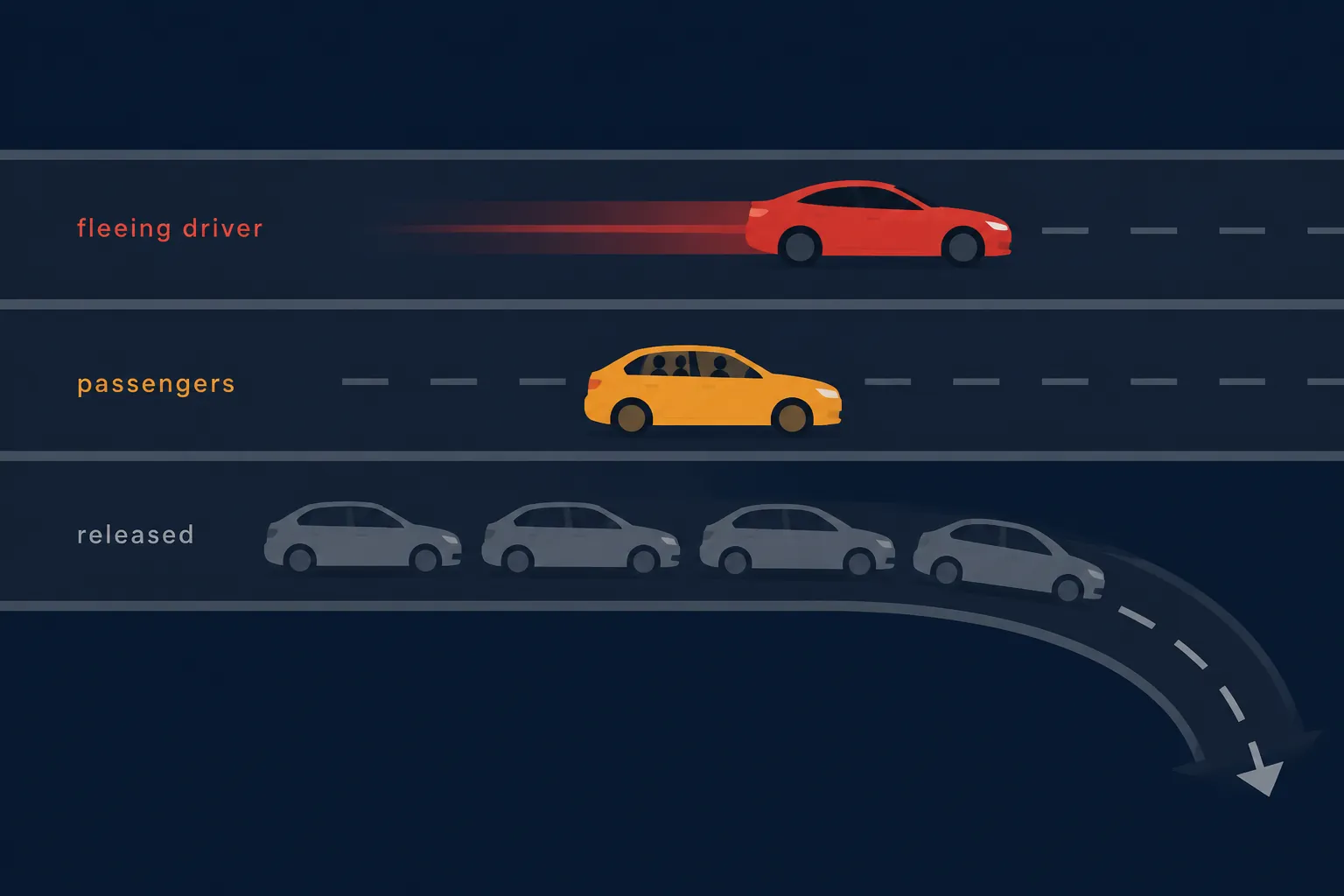 Illustration of role-based legal outcomes for a fleeing driver, passengers, and released vehicles