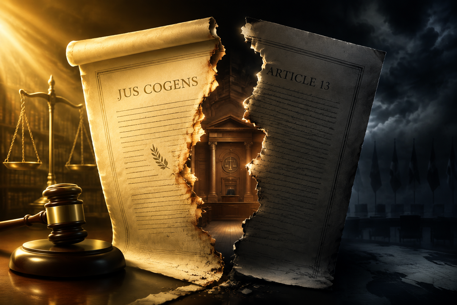 A torn Article 13 legal document pulled between justice principles and a shadowed diplomatic agreement