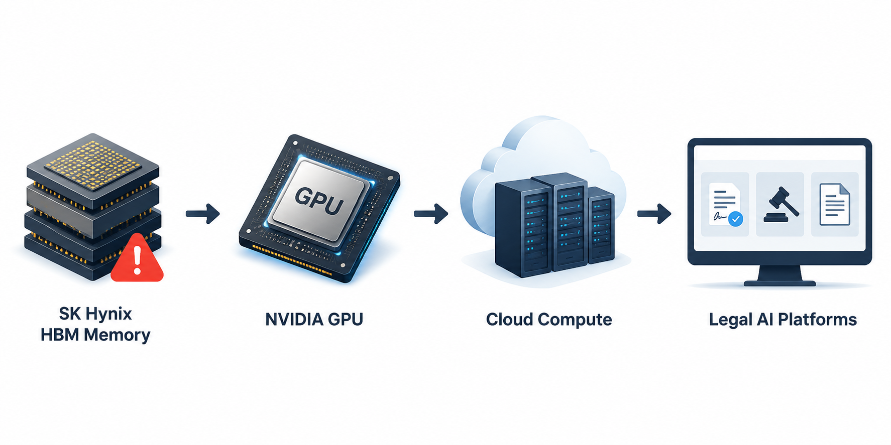 Flow diagram from HBM memory to NVIDIA GPU to cloud compute to legal AI platforms