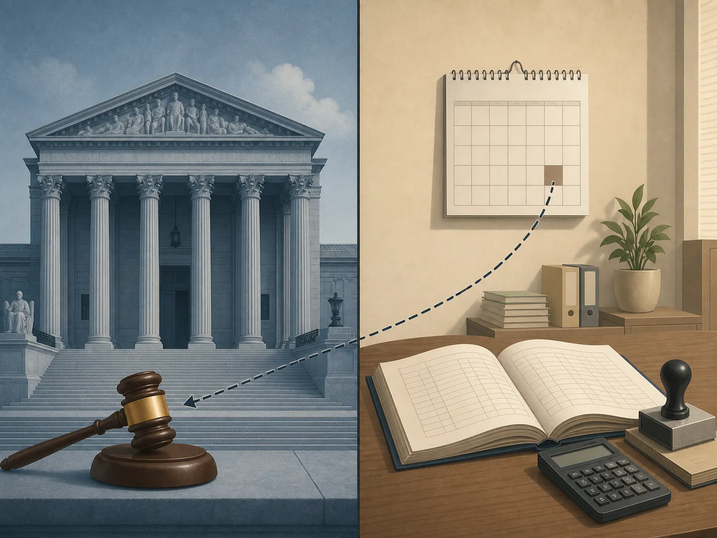 Courthouse and administrative office contrasted to show court judgment versus agency recalculation