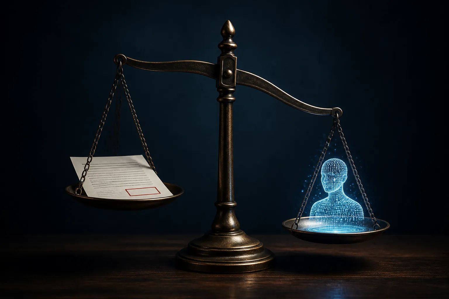 Justice scale tipping toward a small translucent holographic figure opposite a legal document