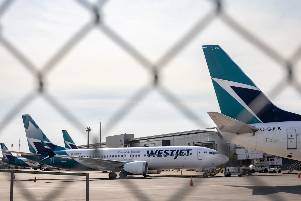 WestJet aircraft parked on an airport tarmac during labour disruption preparations