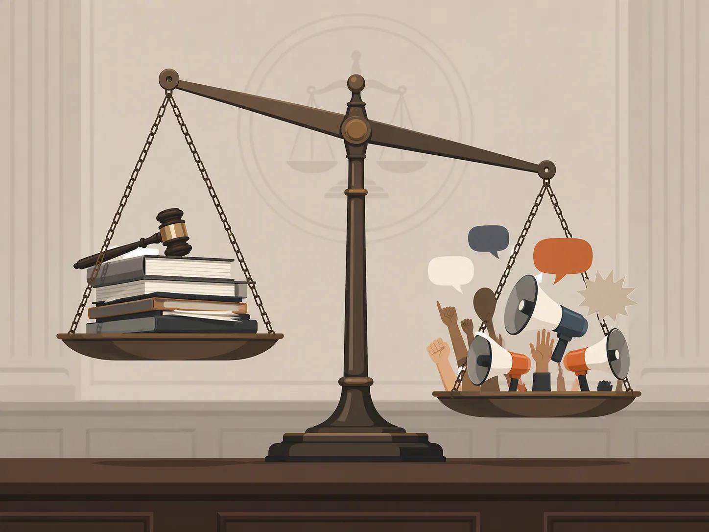 Legal briefs and gavel weighed against protest megaphones and speech bubbles