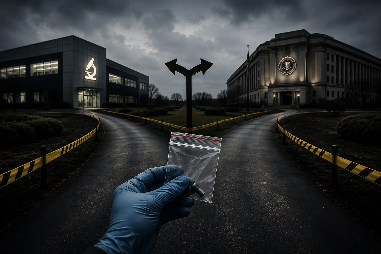 Gloved hand holding an evidence bag at a fork between private lab and federal lab routes