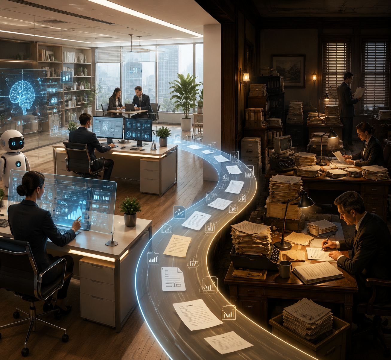 Contrasting law firm offices showing AI-integrated workflows on one side and traditional paper-based workflows on the other