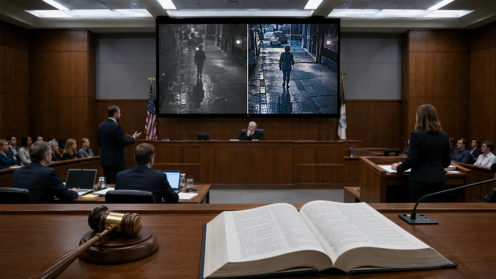 Courtroom evidence monitor comparing original surveillance footage with AI-enhanced footage