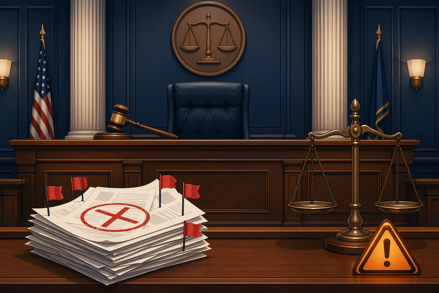 A symbolic courtroom scene with a judge's bench and gavel, and a stack of papers with a red X stamp and red flags representing AI-generated filings that led to sanctions.