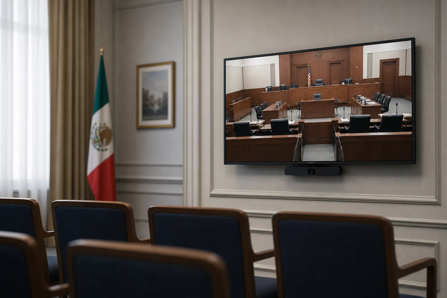 Embassy-style conference room with a wall screen showing a federal courtroom video feed
