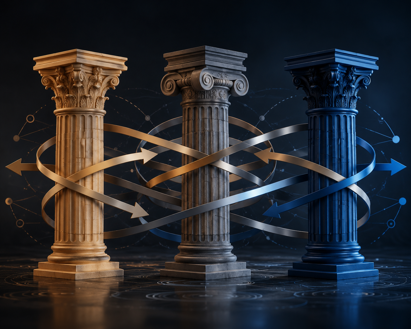 Three architectural columns connected by procedural arrows symbolizing legal proceedings across Romania, the United Kingdom, and the United States