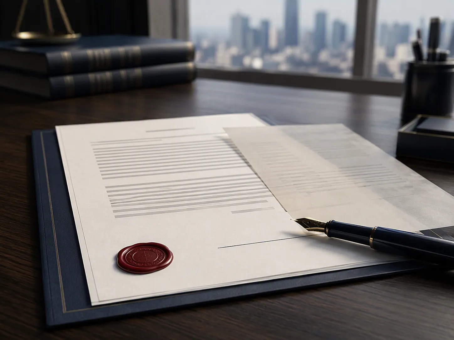 Legal agreement page with pen, signature line, seal, and city skyline in the background