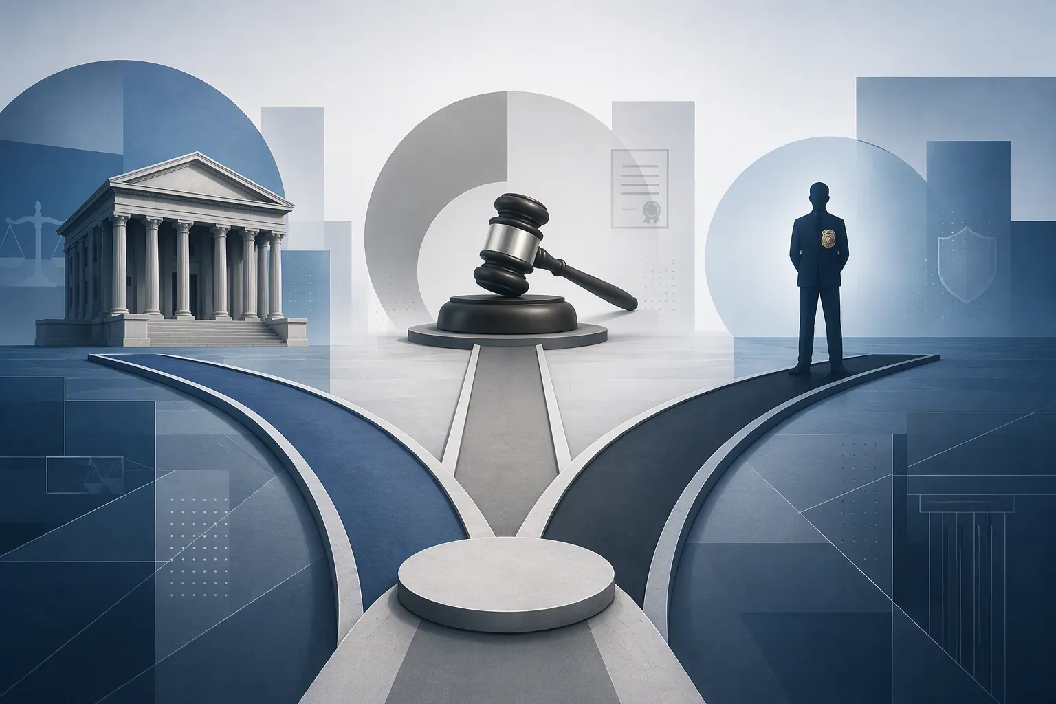 Three diverging legal pathways from a central point toward a courthouse, a judge's gavel, and a badge-bearing figure