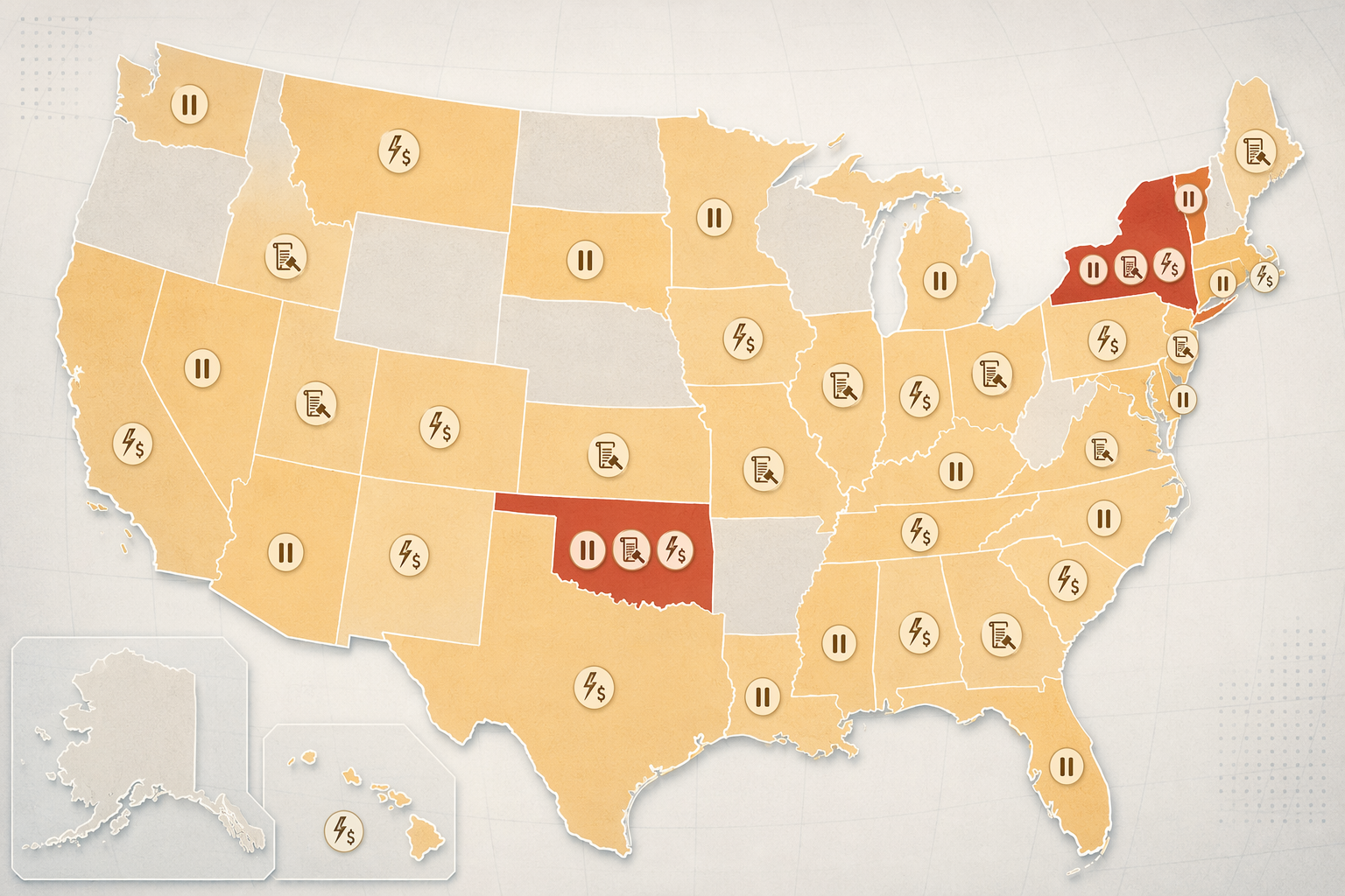 Map of the United States highlighting data center moratorium proposals and rate-class legislation