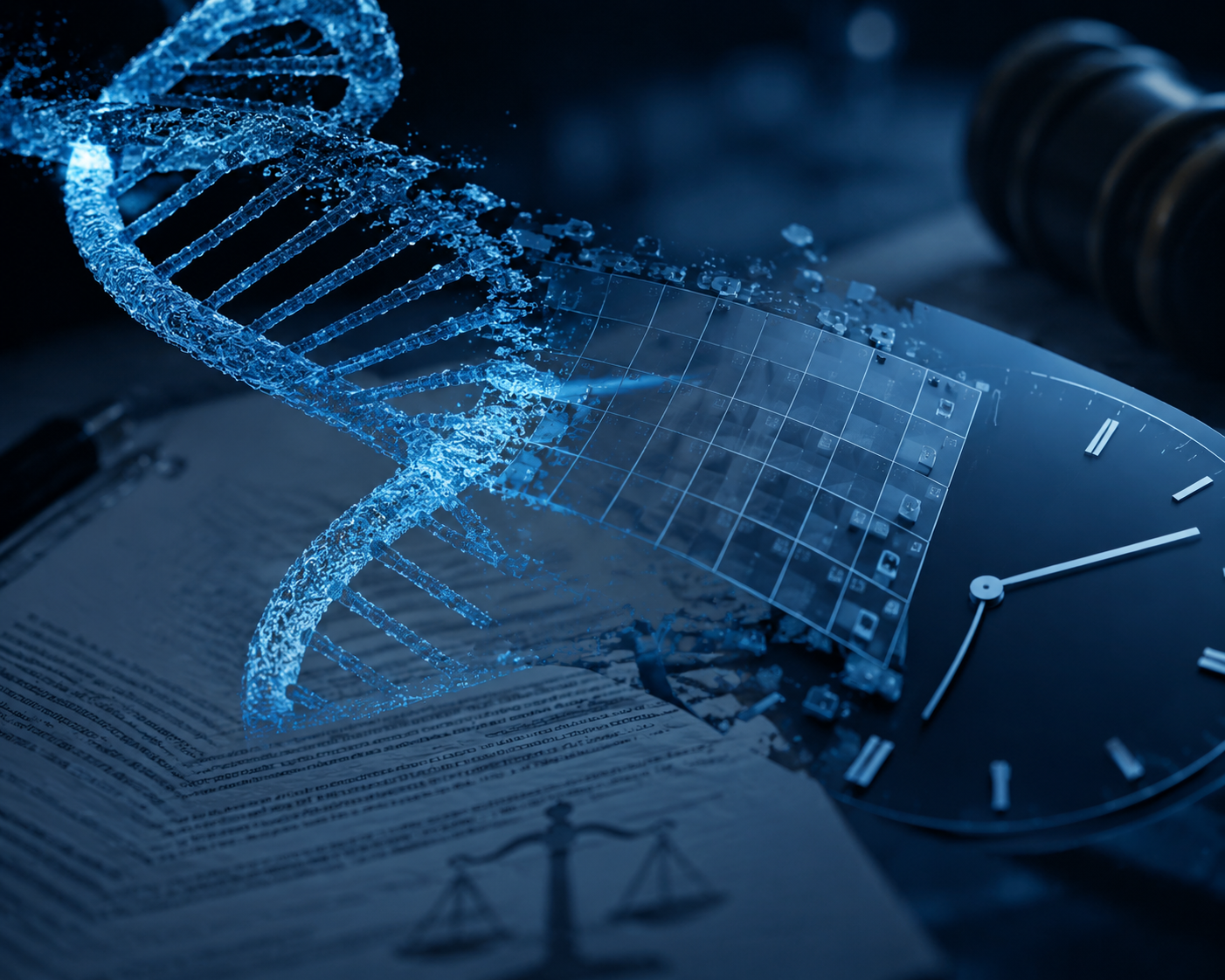 DNA helix, calendar grid, clock face, legal documents, and gavel showing the collision between genetic discovery and legal time limits
