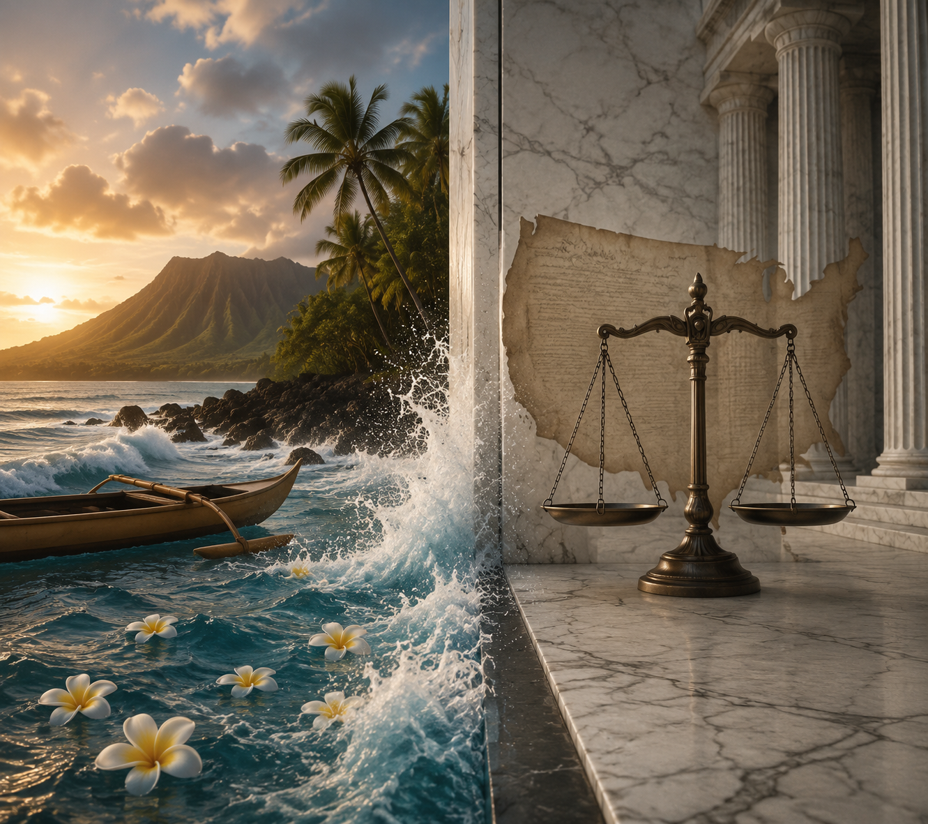 Editorial illustration of a Hawaiian shoreline divided from a marble courthouse facade, representing the collision between Aloha Spirit and federal constitutional meaning