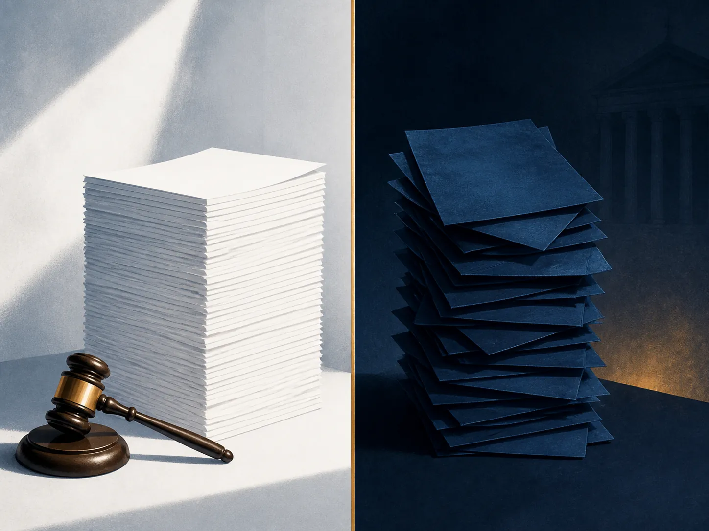 A divided illustration showing merits-docket documents separately from shadowed emergency-order slips