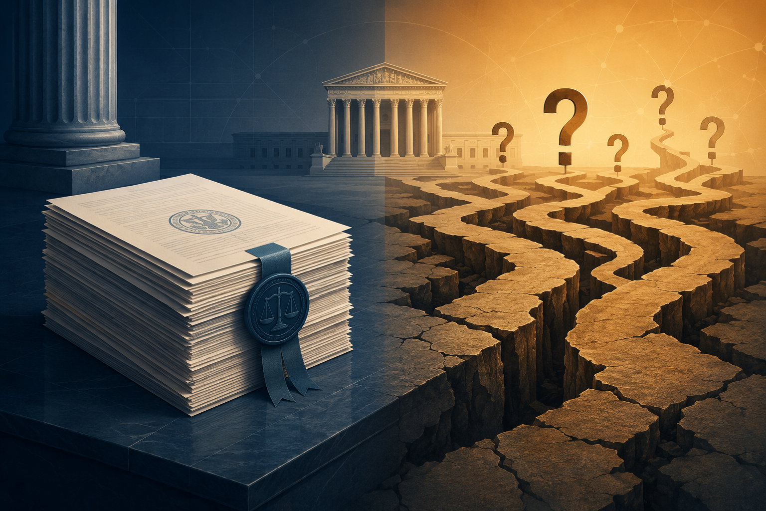 Split legal landscape showing stable court documents on one side and fractured ground with question marks on the other