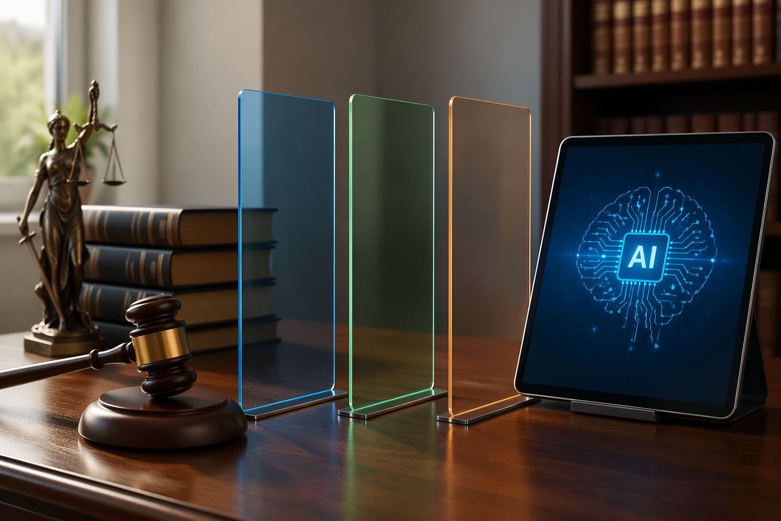 Legal desk with law books, gavel, tablet showing an AI interface, and three translucent barrier panels between them