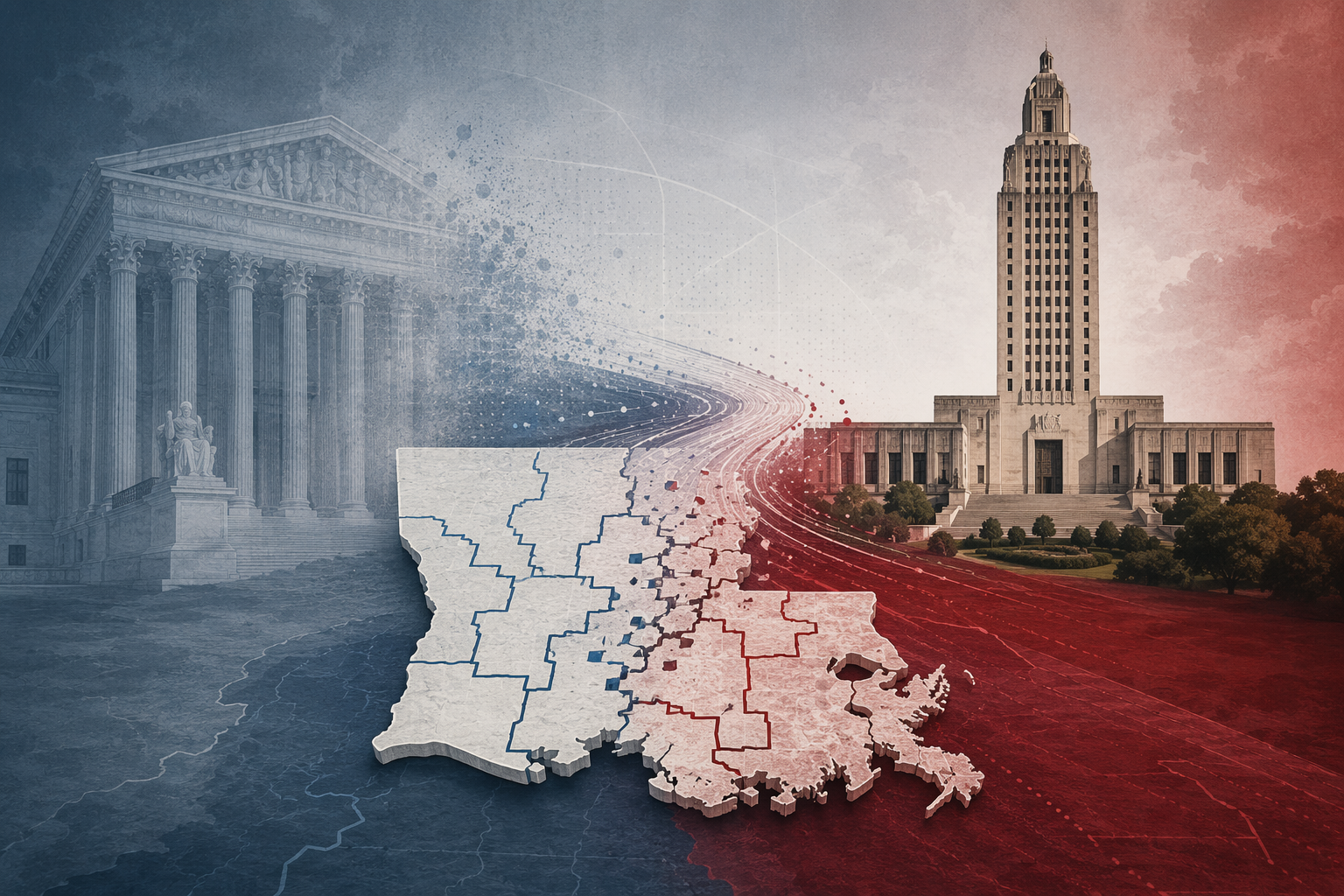 Illustration of the Supreme Court, a state capitol, and a Louisiana map with dissolving district lines