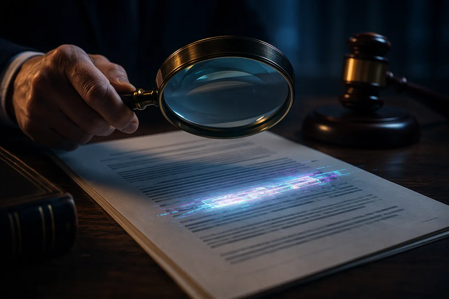A magnifying glass over a legal citation with digital glitch artifacts