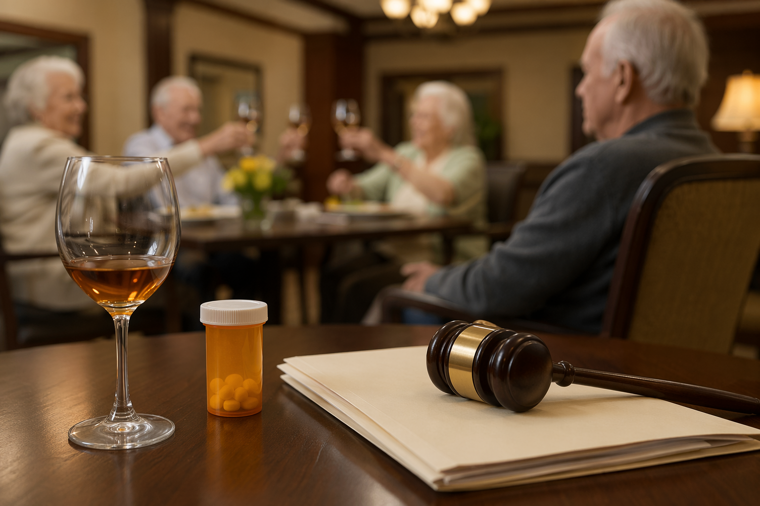 Senior living dining room with a wine glass, prescription pill bottle, legal document, and gavel in the foreground