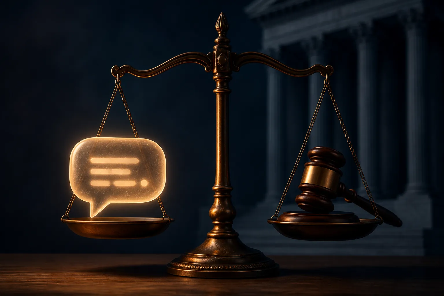 Justice scale weighing a glowing speech bubble against a gavel in front of a faint courthouse