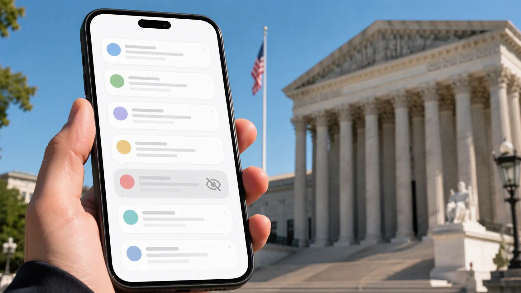 A smartphone showing a hidden social media comment in front of a courthouse