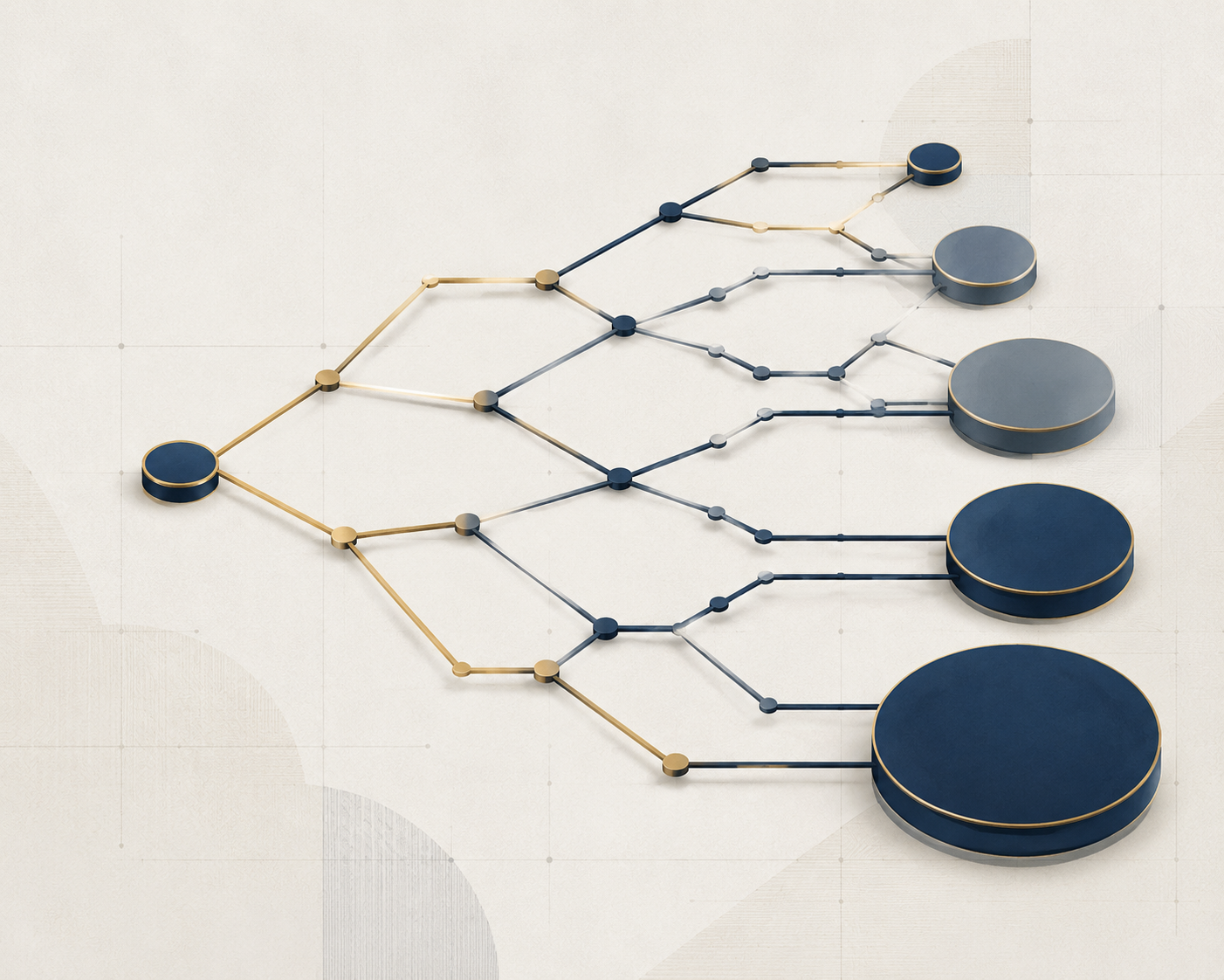 Cascading decision tree of contract option pathways radiating from a single starting point