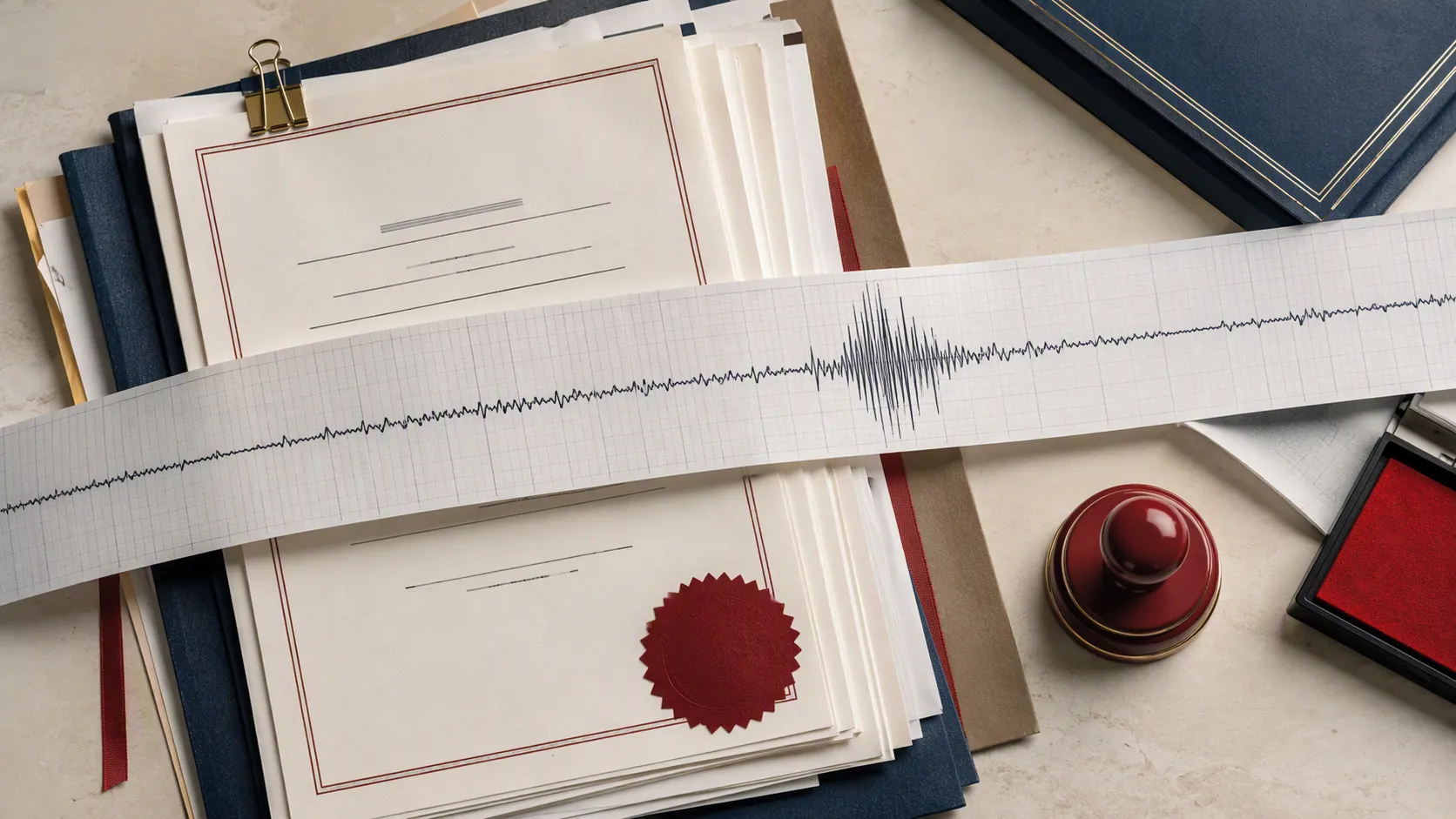 Seismograph paper crossing official administrative documents with a red certificate seal