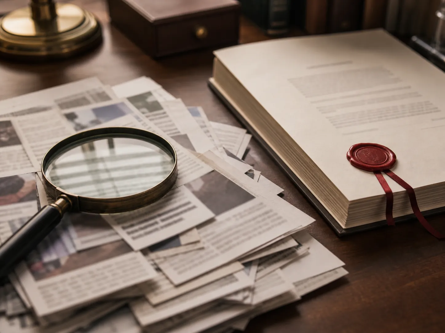 News clippings beside a separate official document under a magnifying glass
