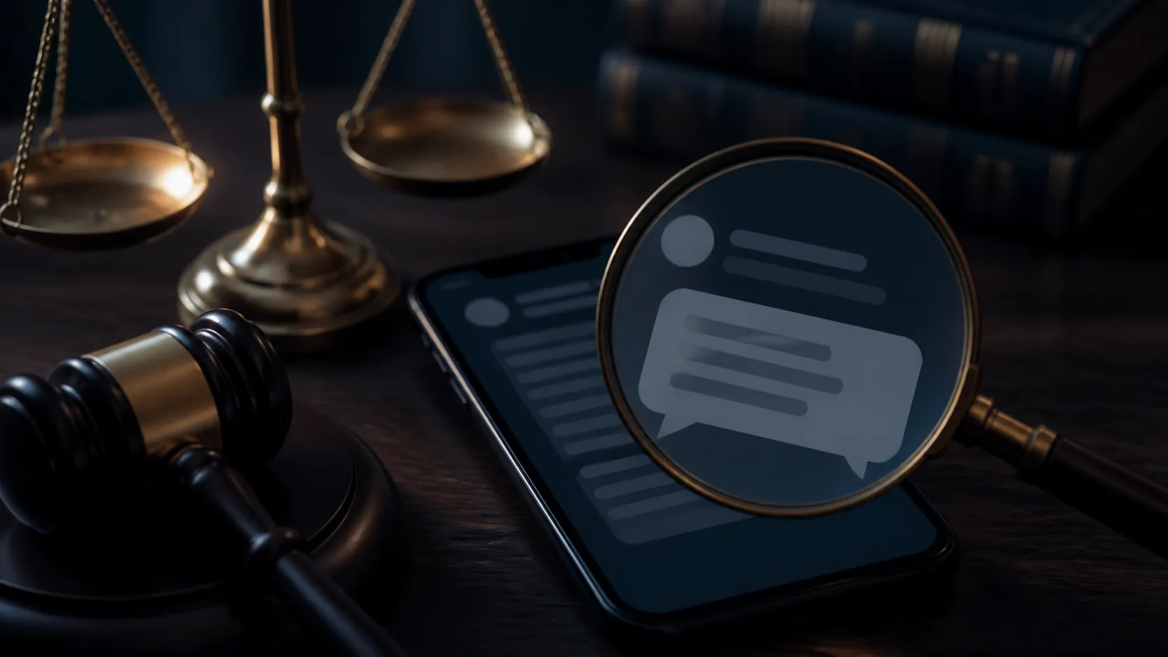 Smartphone beside legal scales and a gavel under a magnifying glass, symbolizing review of social-media intent evidence