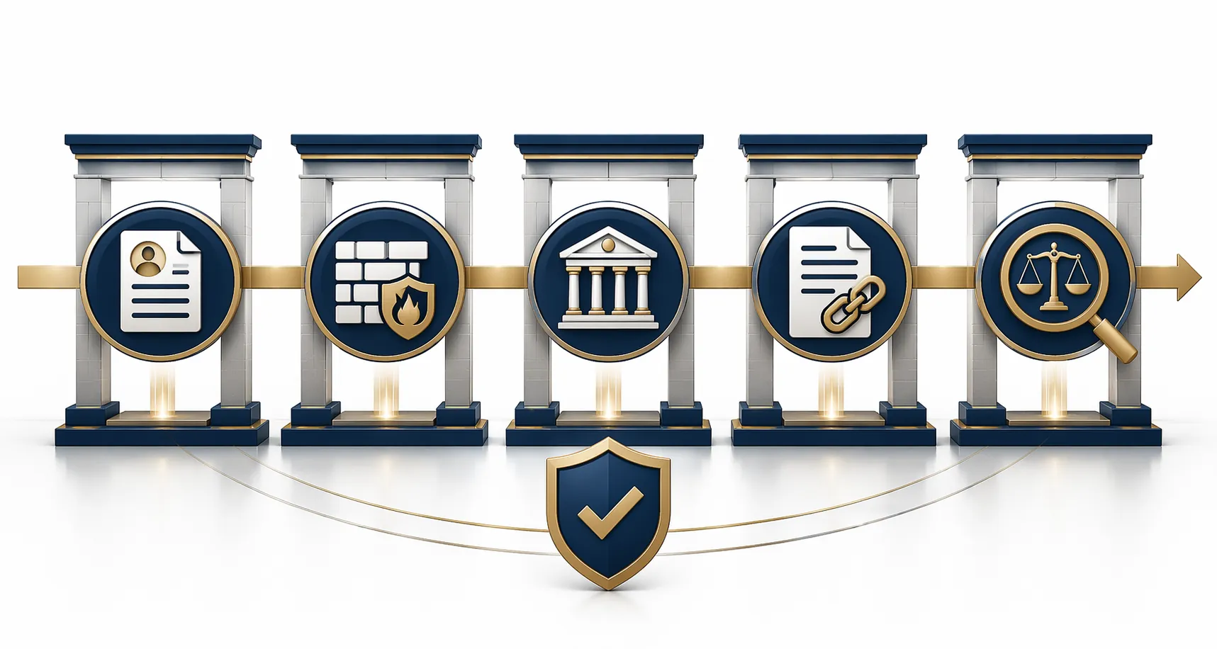 Five legal blog verification checkpoints shown as a professional filter system