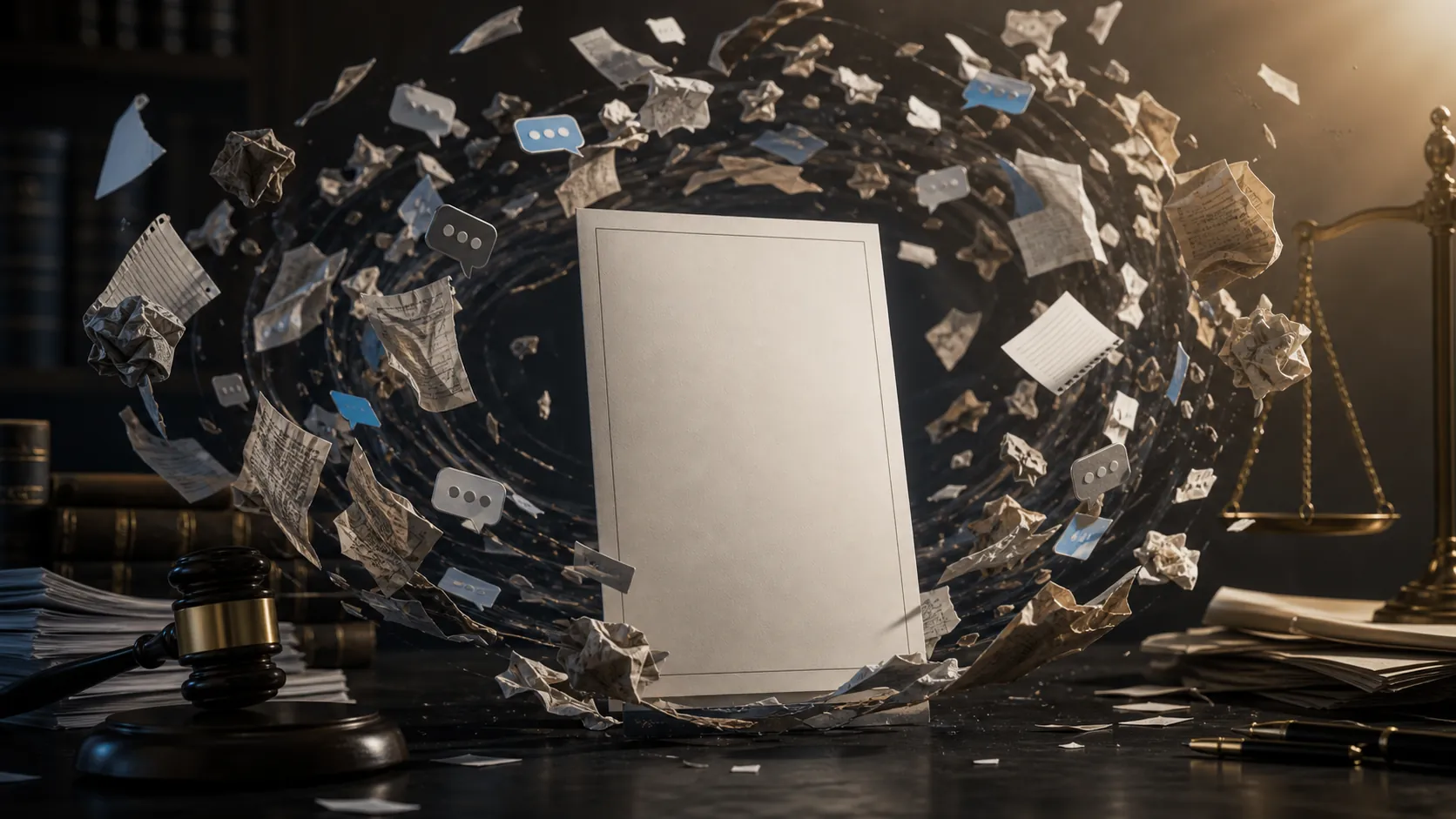 Blank legal document surrounded by unverified reports on a lawyer's desk