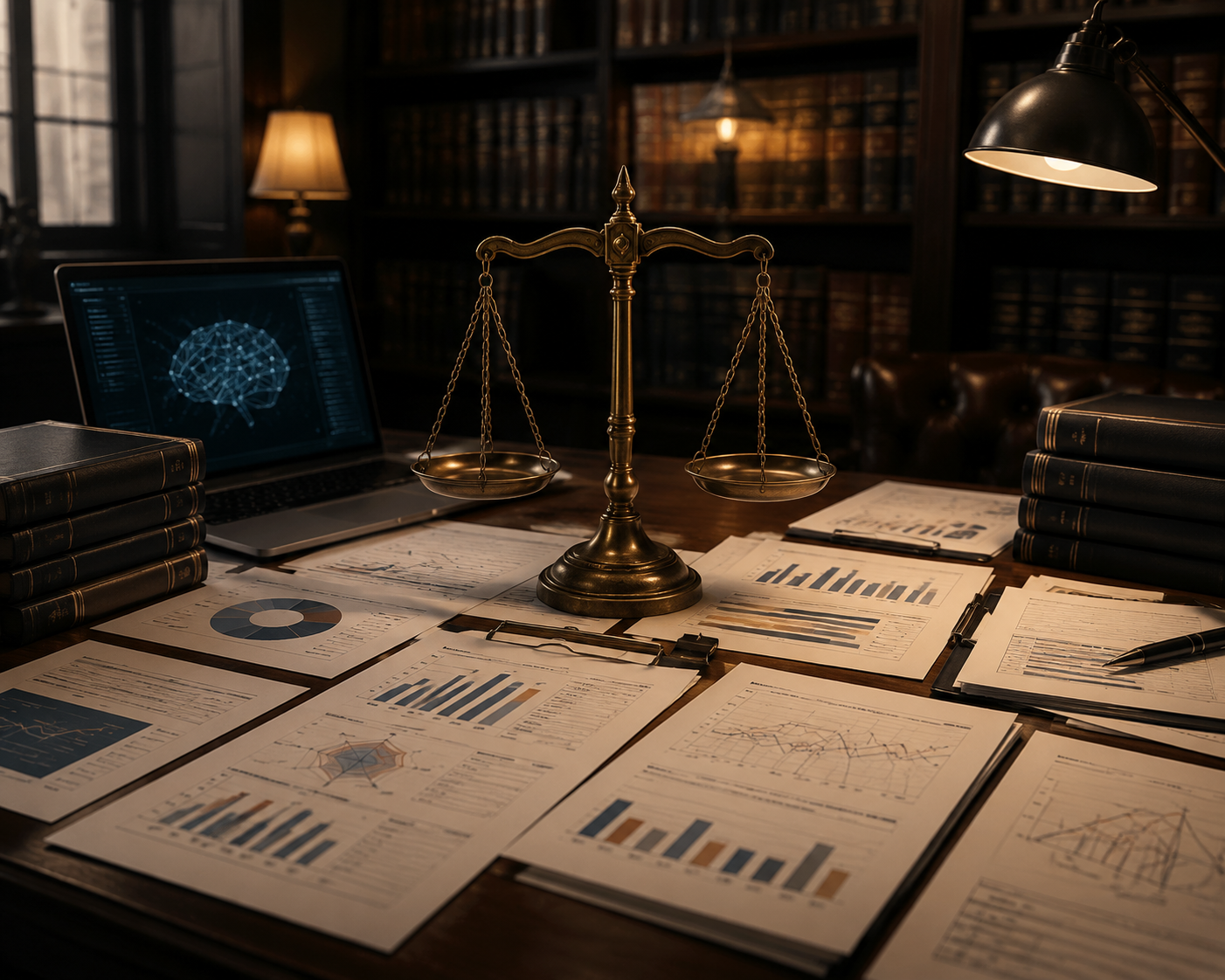 Legal research desk with benchmark reports, charts, comparison metrics, and a balanced scale icon