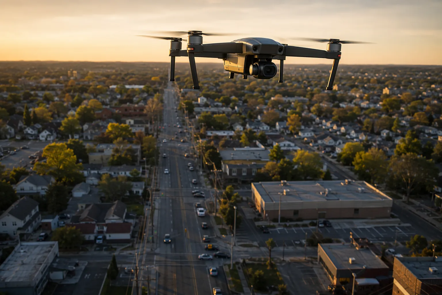 Autonomous drone hovering above a suburban road with visible cars