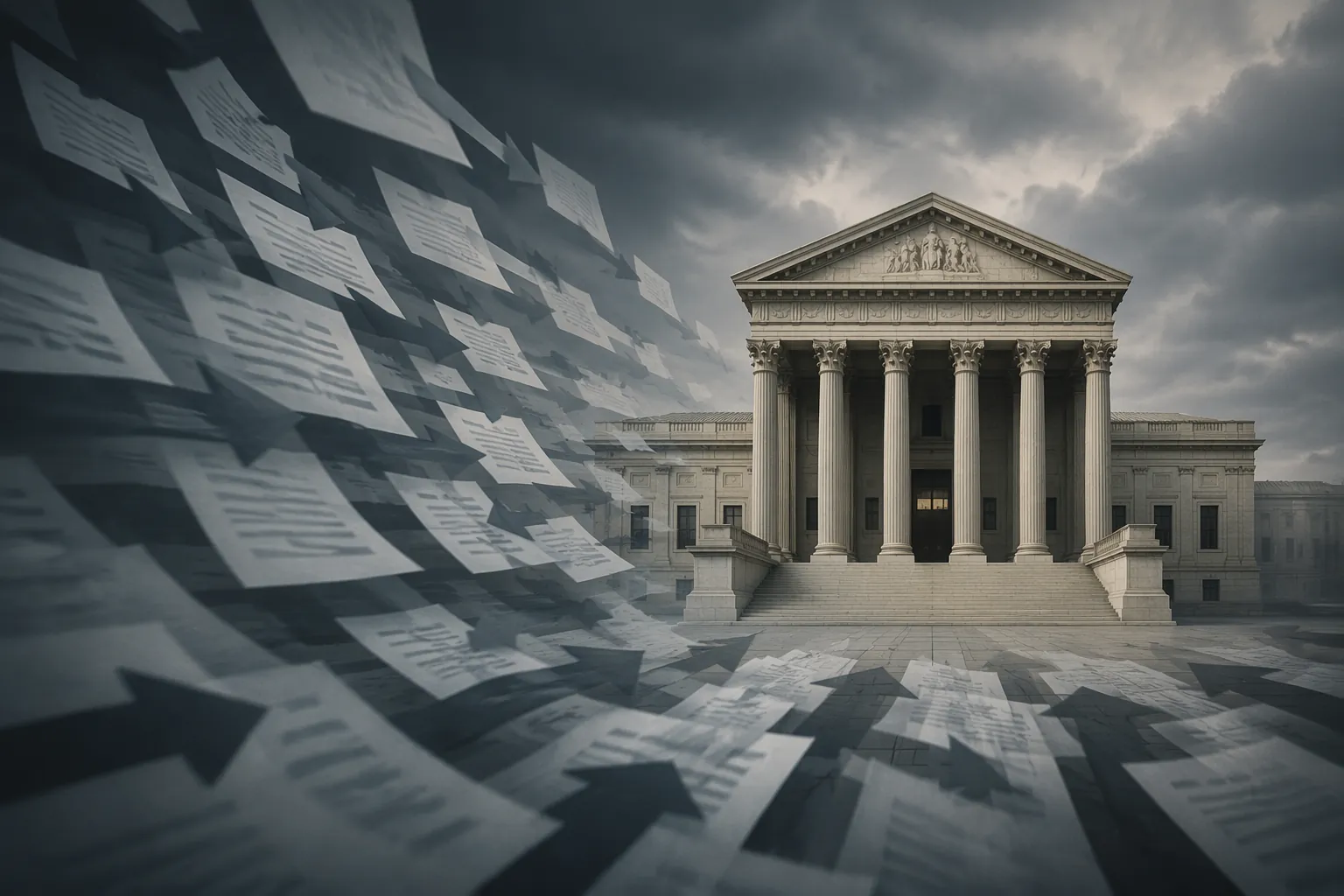 Federal courthouse under coordinated institutional pressure from overlapping documents and directional arrows
