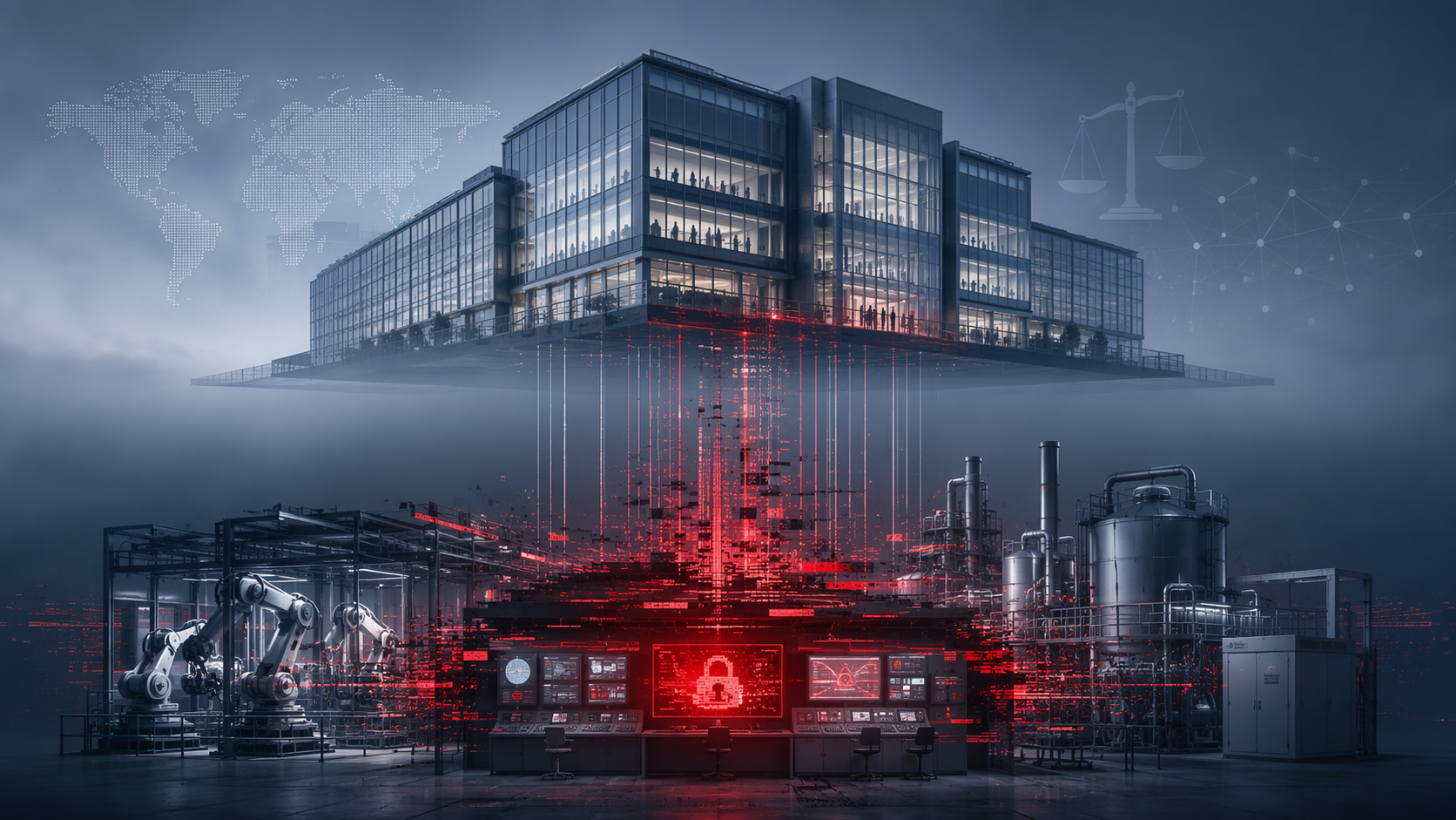 Corporate headquarters connected to an industrial production facility as ransomware effects spread from subsidiary control systems toward parent governance obligations