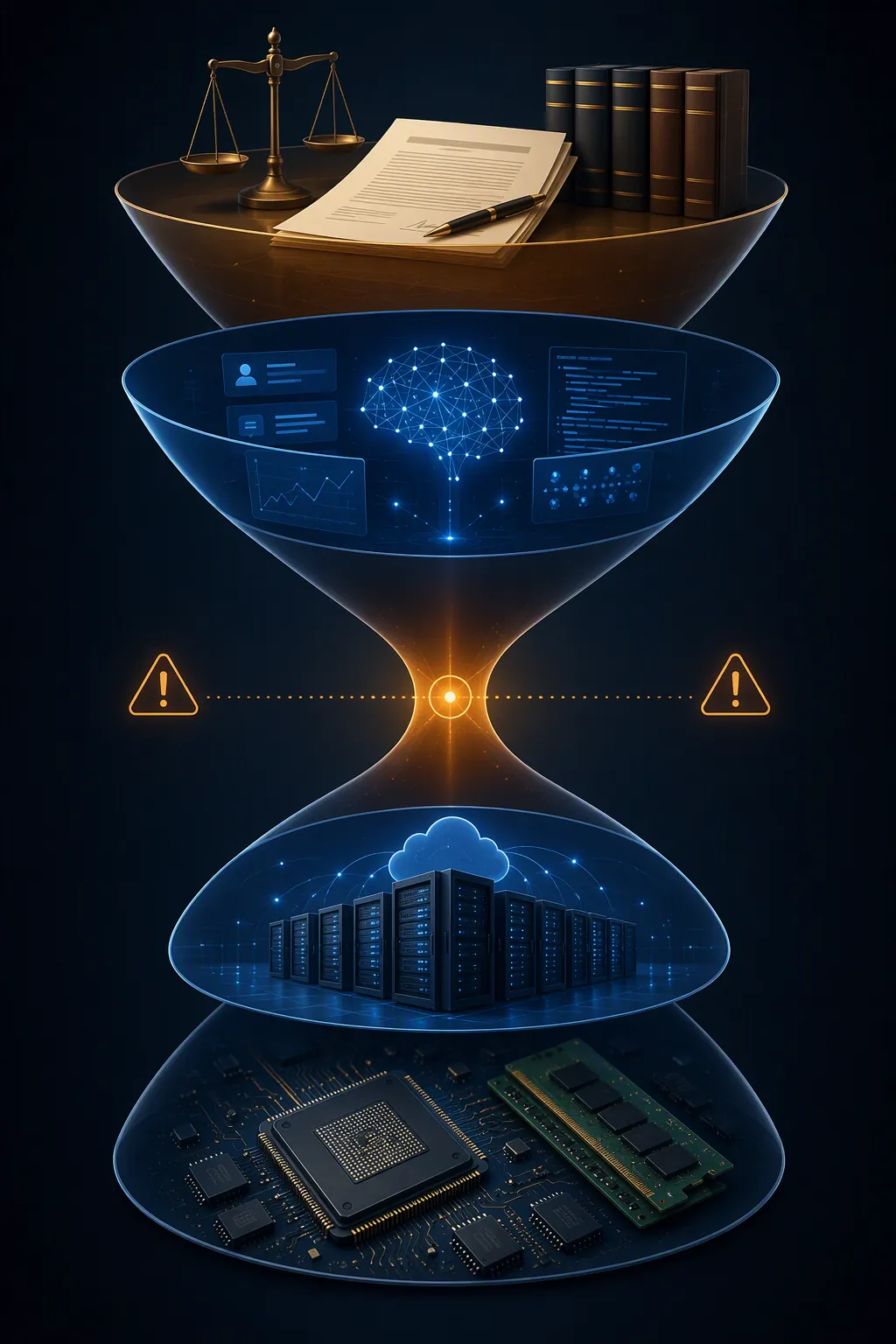Vertical dependency chain from semiconductor memory chips to cloud compute, AI software platform, and law firm, with a bottleneck highlighted at the compute layer