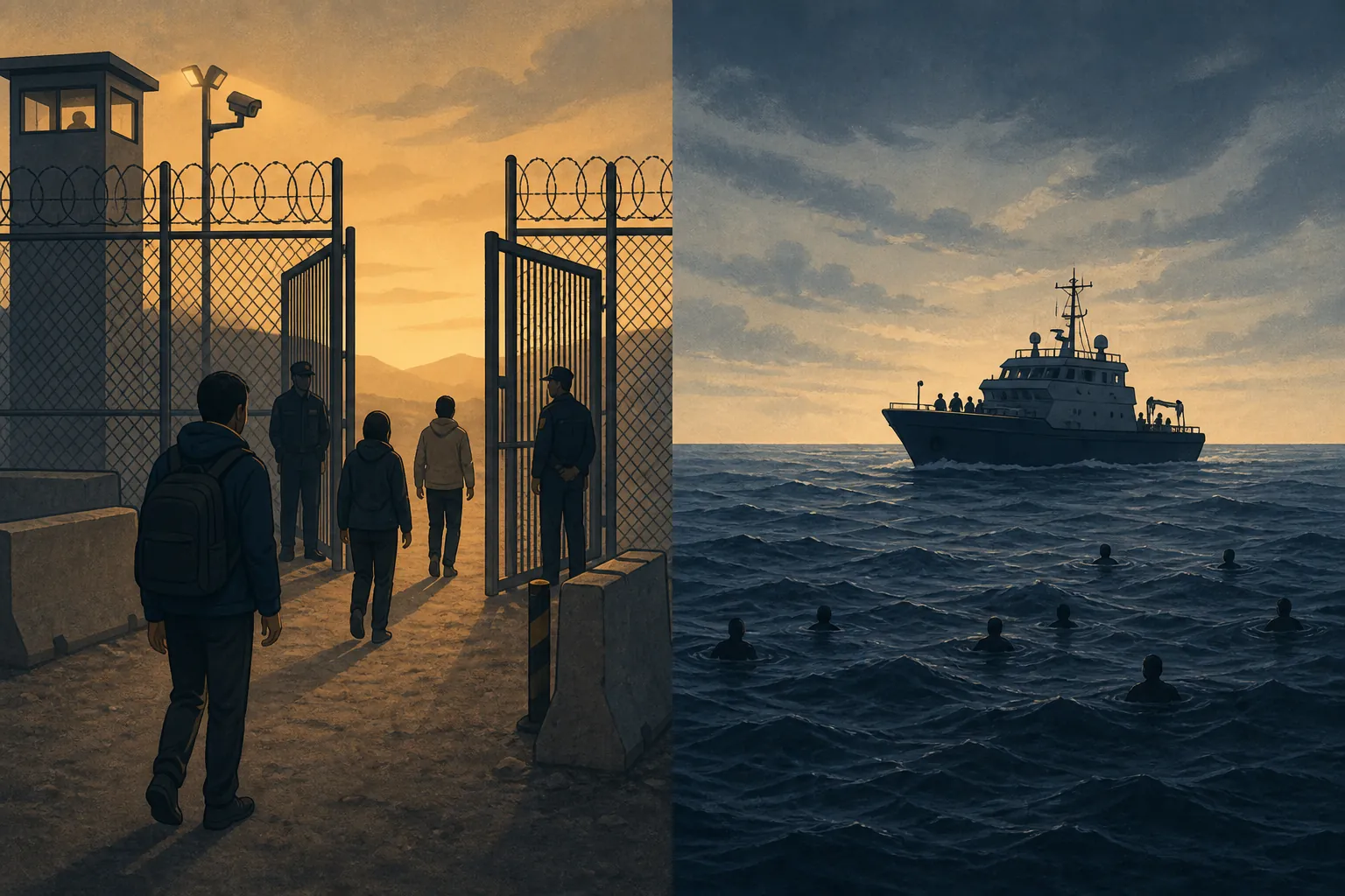 Split illustration contrasting a fenced land border with open sea arrivals