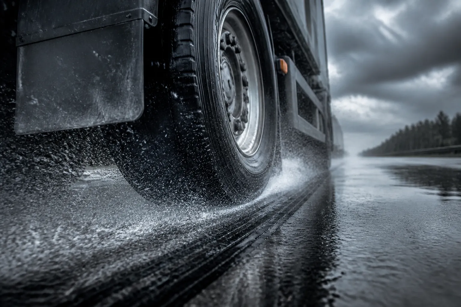 Commercial truck tire braking on rain-soaked asphalt with water spray and a skid mark