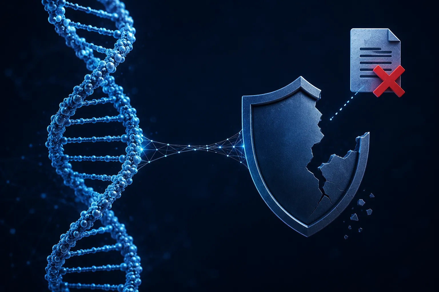 DNA structure connected to a cracked shield and a missing treaty document symbol