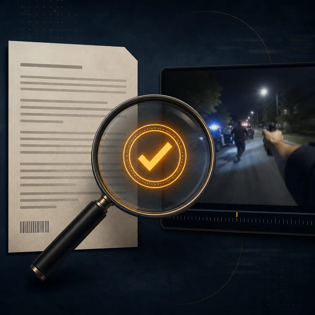 Magnifying glass comparing a written report with original video footage