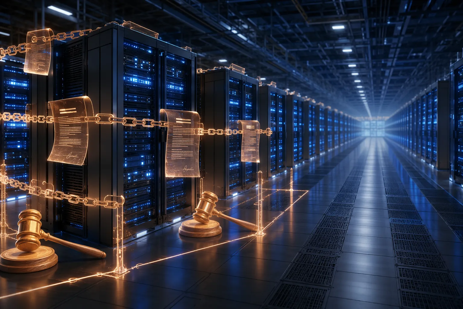 Data center racks partially wrapped by legal documents and a gavel, showing limited legal constraint over large compute infrastructure