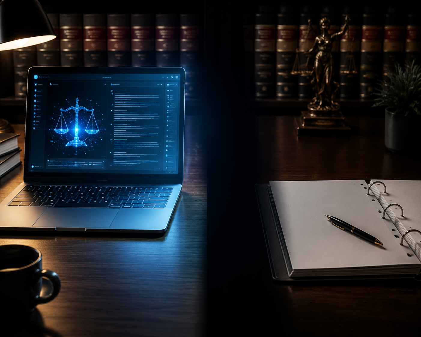 Law office desk with an AI legal research interface on a laptop beside an empty policy binder