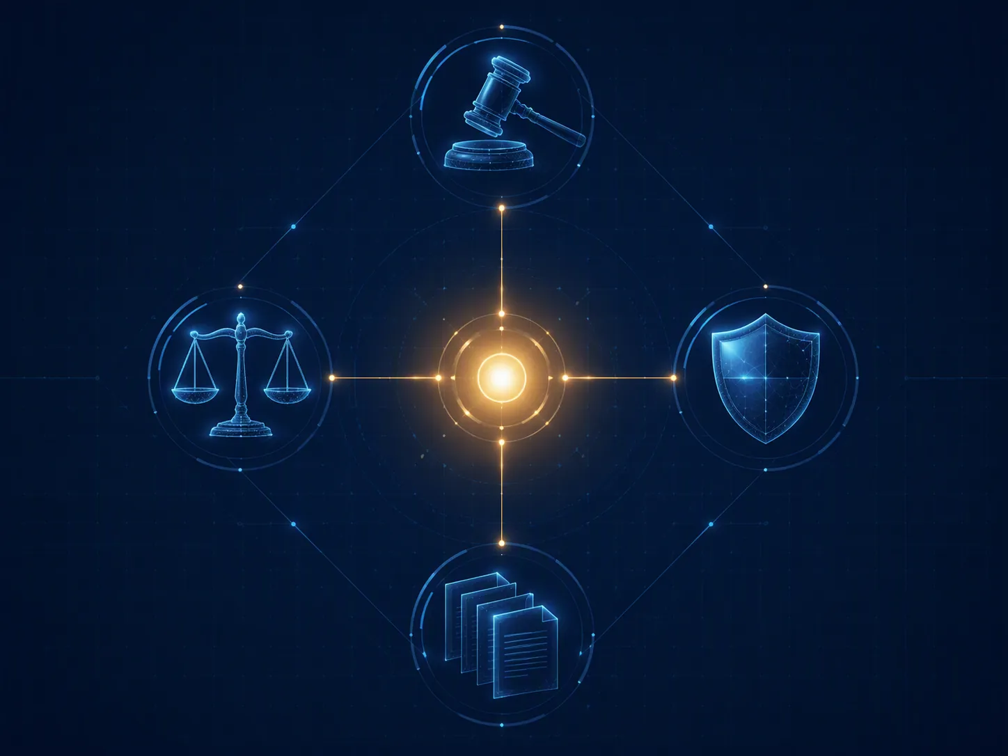 Central glowing node connected to four abstract legal and compliance risk markers