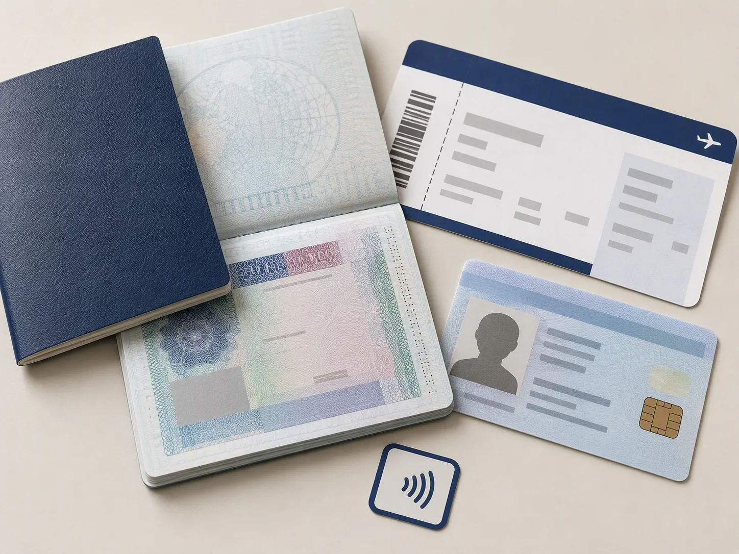 Passport, visa page, boarding pass, identity card, and contactless chip symbol arranged as travel documents