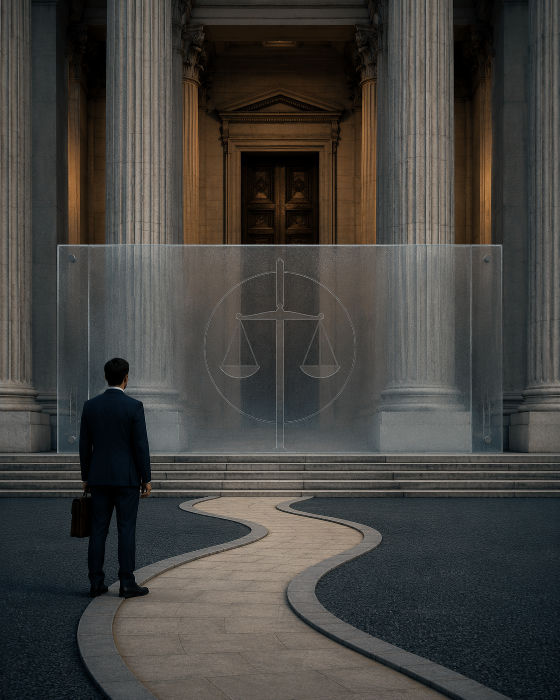 Courthouse entrance blocked by a translucent barrier before the doors