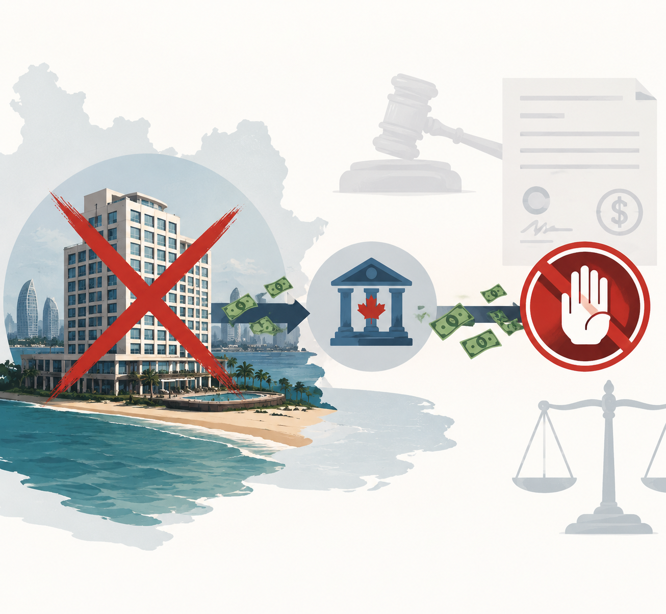 Stylized coastal hotel with prohibited financial flows and an enforcement seal