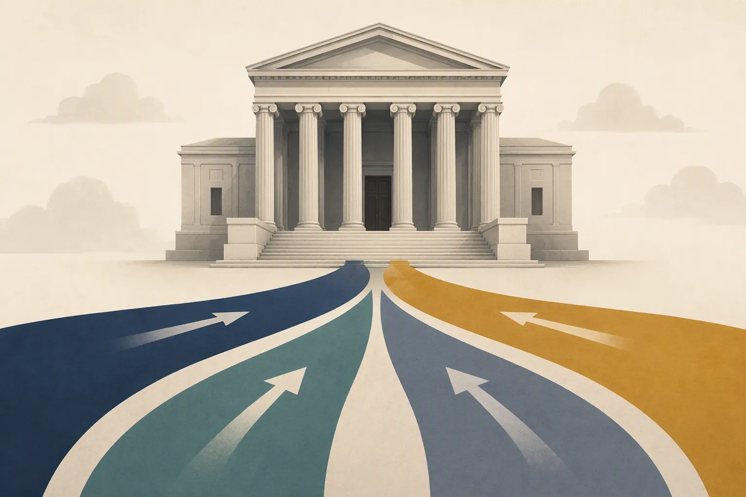 Four colored procedural pathways converging toward a courthouse entrance